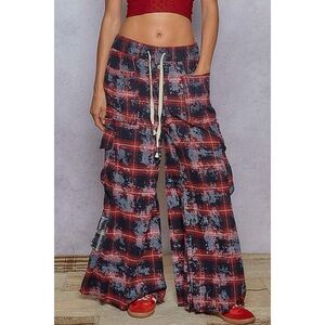 POL Red Plaid Wide Leg Cargo Pants Pull On Elastic Waist